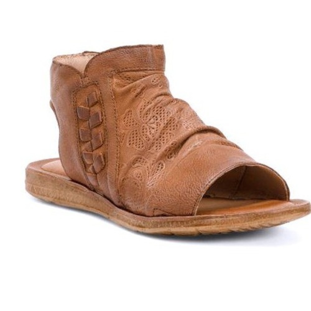 Miz Mooz Flaire Sandal Women 36 Brandy New Leather Laser Cut Ruched Bootie